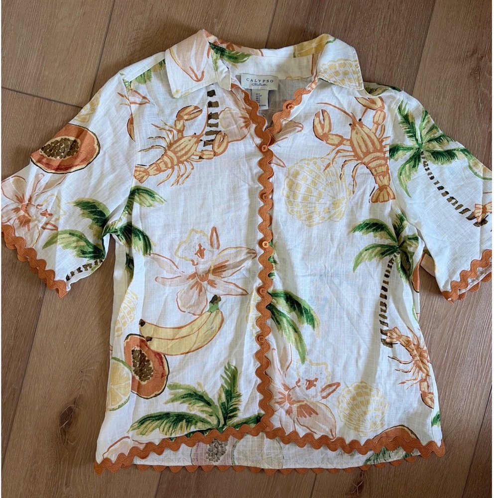 Calypso St Barth Womens Small Tropical Lobster Palm Tree Linen Blend Ric Rac Top